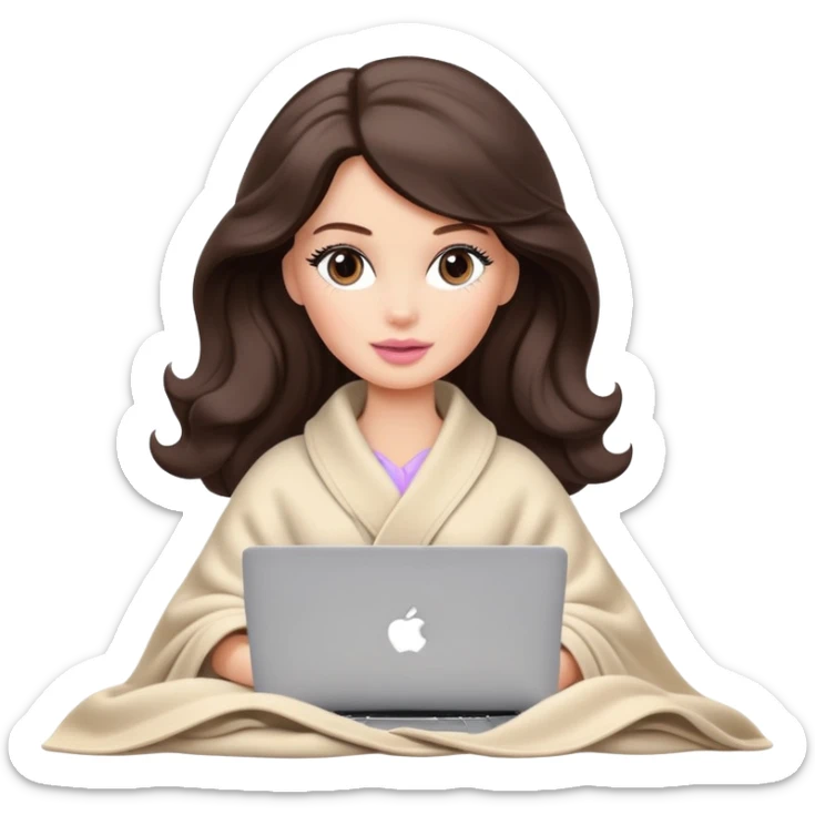 Barbie girl with a long wavy dark brown hair in pale beige clothes inside a pale beige blanket working macbook  sticker