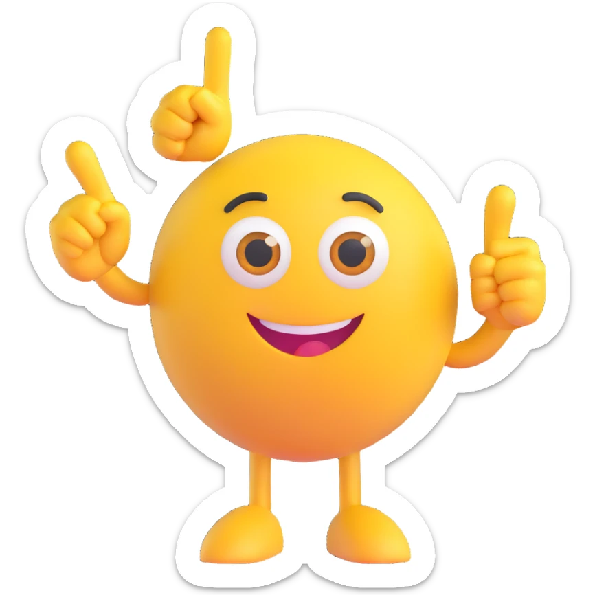 A yellow round emoji character with big eyes and a confident smile, clearly pointing both index fingers at itself. Strong “ME!” expression. Bold cartoon style, isolated on white sticker