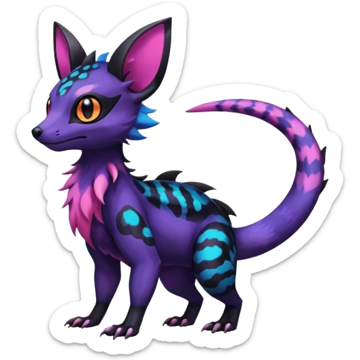 Rare epic aesthetic colorful Salandit-Noibat-Eevee-Civet-species-Fakemon-hybrid-creature, with markings, full body sticker