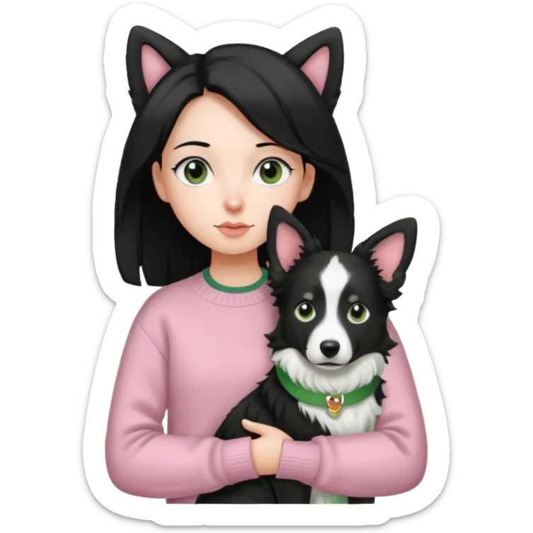 girl with side parted long black hair, wearing a light pink and green sweater, carrying a black and white border collie with perked ears sticker