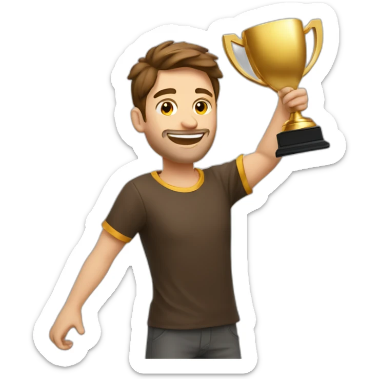 the white European man brown hair Celebrating, Raising a gold trophy in your hands, full body sticker