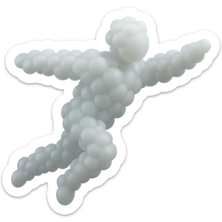 flying person made entirely of small very white fluffy convex clouds, matte glass style, minimalism, no background sticker