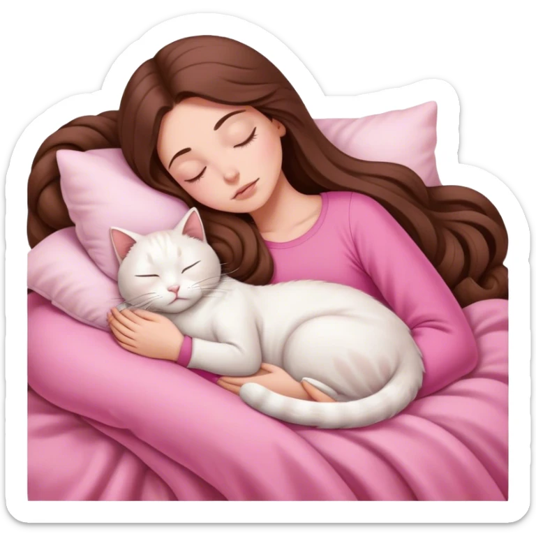A pretty white girl with very long brown hair and pink clothing sleeping curled up to a white cat  sticker