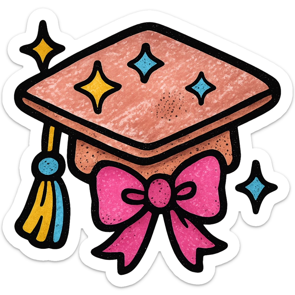 girly graduation cap in black and rose gold, with sparkles and a bow, feminine style, glitter accents sticker