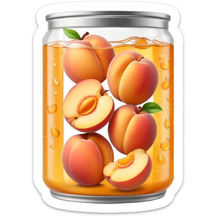 open metal can filled with golden peach halves submerged in glossy light syrup, smooth plump slightly translucent fruit pieces nestled in clear liquid, simple can no label or branding, apple emoji style, soft lighting, subtle shadows, transparent background, emoji scale sticker