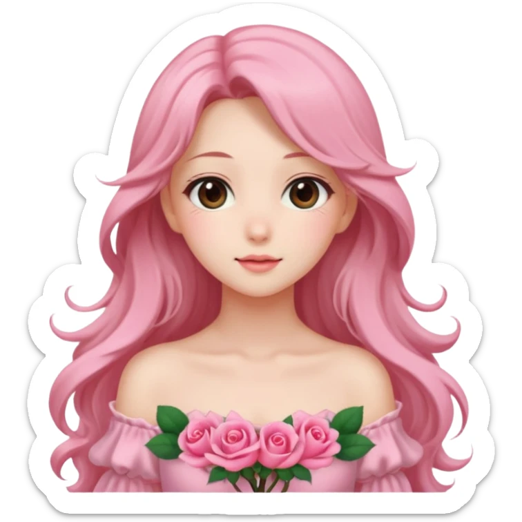 Gorgeous pastel anime lady with long hair and pink rose dress sticker
