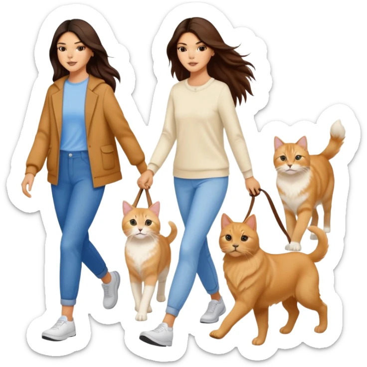 Kendall Jenner with long brown hair walking a golden retriever dog and three cats, two cream colored cats and one white and blue cat sticker