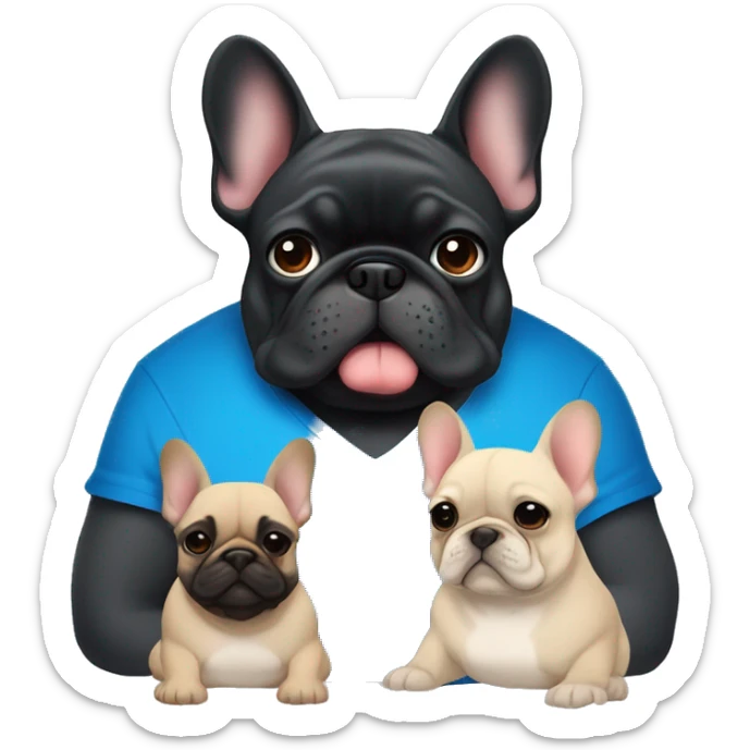 Man with blue eyes and black hair and a shirt that says “Lazy Bulls” and to his right is a fat blonde hair frenchie and to his left is a smaller dark gray fluffy frenchie  sticker