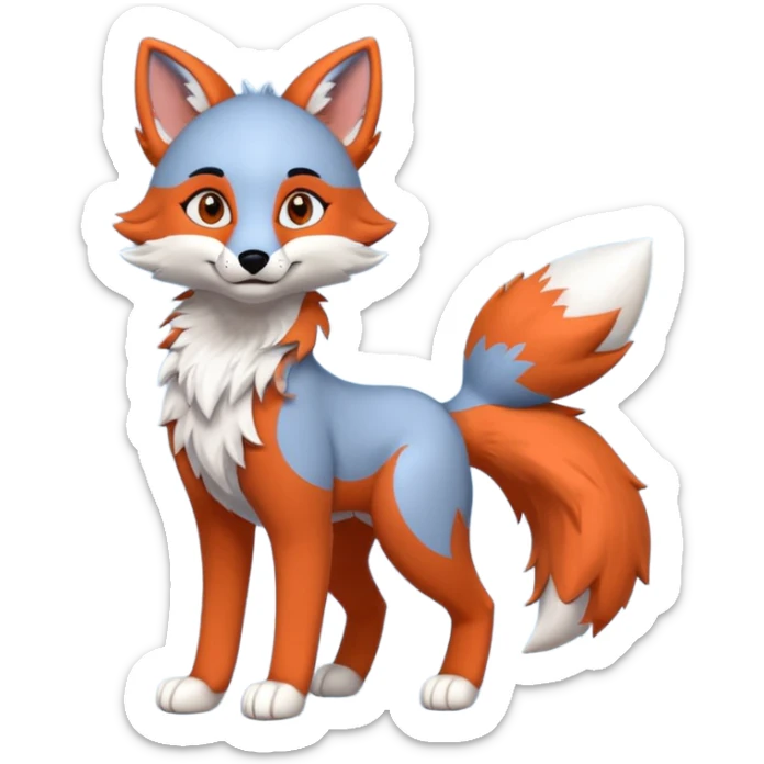 gray red fox with blue and orange accents fursuiter, full body sticker