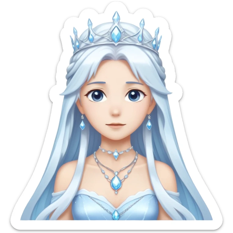 Shiny cute mature Beautiful anime ice queen with white long pretty hair with light-blue streaks, wearing an icy thin long dress and a silver tiara, necklace,  sticker