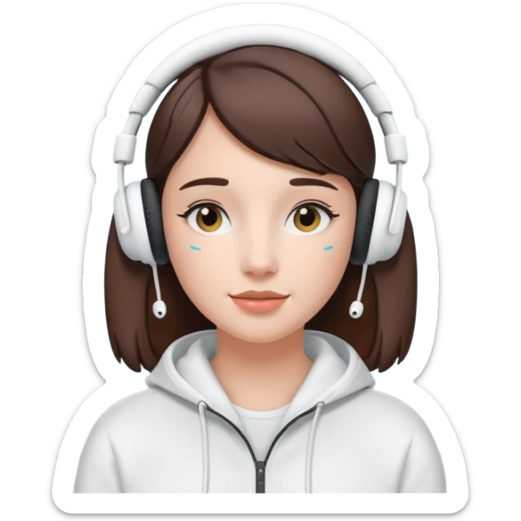 burnette girl listening to music with some AirPods Max sticker