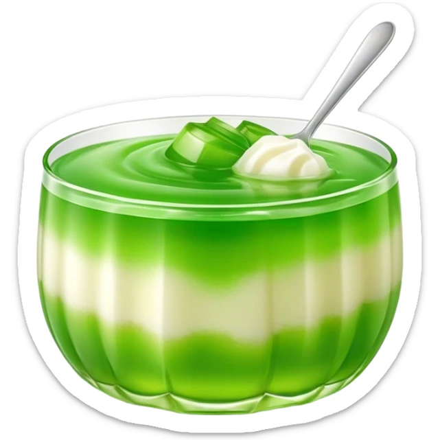 Cinematic Realistic Coconut Pandan Jelly Dessert Emoji, showcasing a delicate, translucent jelly infused with coconut and pandan rendered with lifelike detail and soft, tropical lighting. sticker