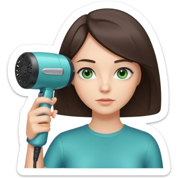 brunette bob girl hair stylist with blue green eyes holding a hair dryer sticker