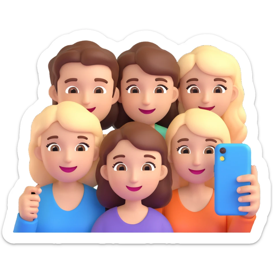 a group of friends taking a selfie, 3D emoji style, smiling, fun, bright colors sticker