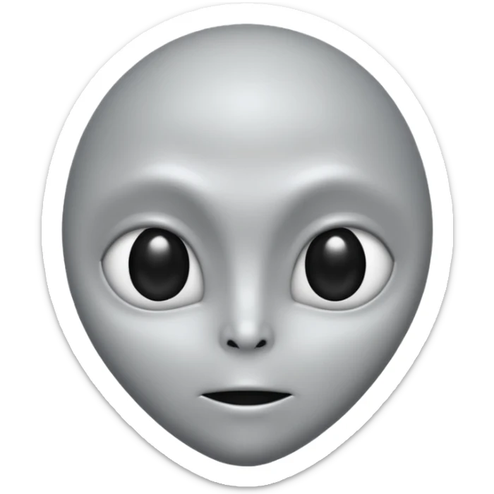 Grey alien head, almond-shaped black eyes, pale grey skin, cartoon emoji, no background sticker