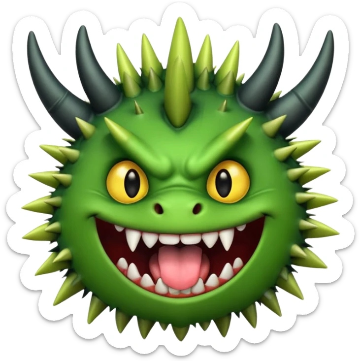 A green monster with two small black horns, spiky fur, big round yellow eyes, and a wide grin showing sharp teeth with its tongue playfully sticking out.  sticker