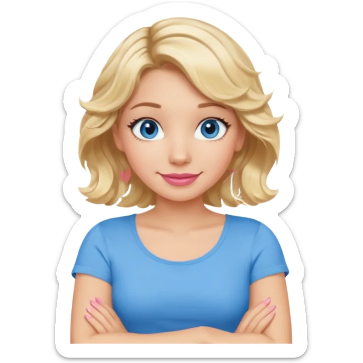 Girl Blonde short wavy hair,  blue eyes, cute blue top, long lashes, pink lips, smiling, making cross arms with arms  sticker