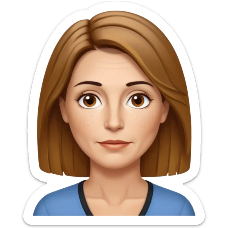 50 year old Caucasian woman with shoulder length brown hair and blond highlights and no bangs. Brown eyes with thin, black eyebrows. Medium size nose with a couple of freckles. Thin lips and slender shoulders. sticker