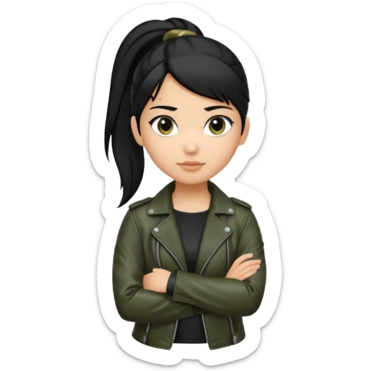 A girl with a pony tail black hair and olive ish skin, Asian eyes, with a black jacket and a black purse with arms crossed  sticker