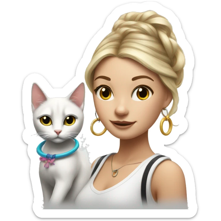 White girl with hoop earrings and hula hoop with white and black cat sticker
