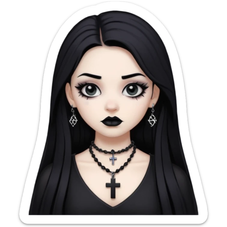 goth bad girl with white white skin and black long hair and black eyeliner and black Shadow behind the eyelid and light black lipstick with goth cross Necklace and goth dress sticker