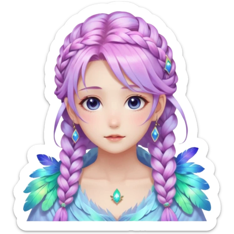 Beautiful gorgeous anime lady with beautiful iridescent-nebula-braided-hair, fashion aesthetic, ethereal, fairycore, pastelcore, feathers sticker
