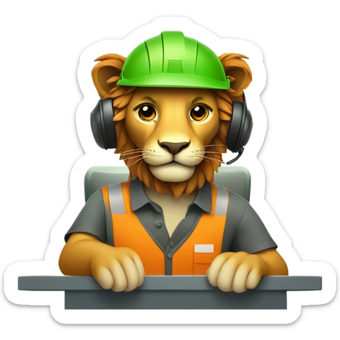 Lion wear safety helmet as call center in green and orange theme sticker