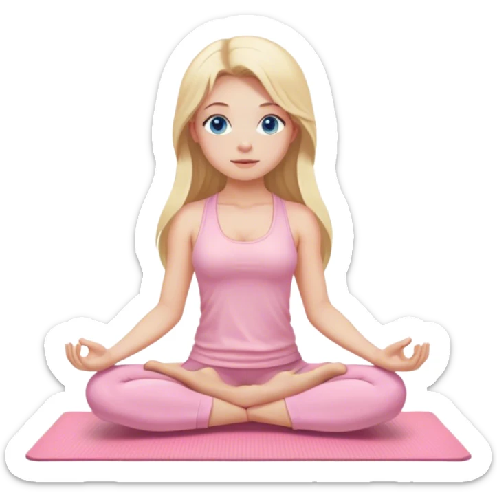 A yoga girl with blonde long hair and blue eyes in light pink clothes is sitting on a yoga mat sticker