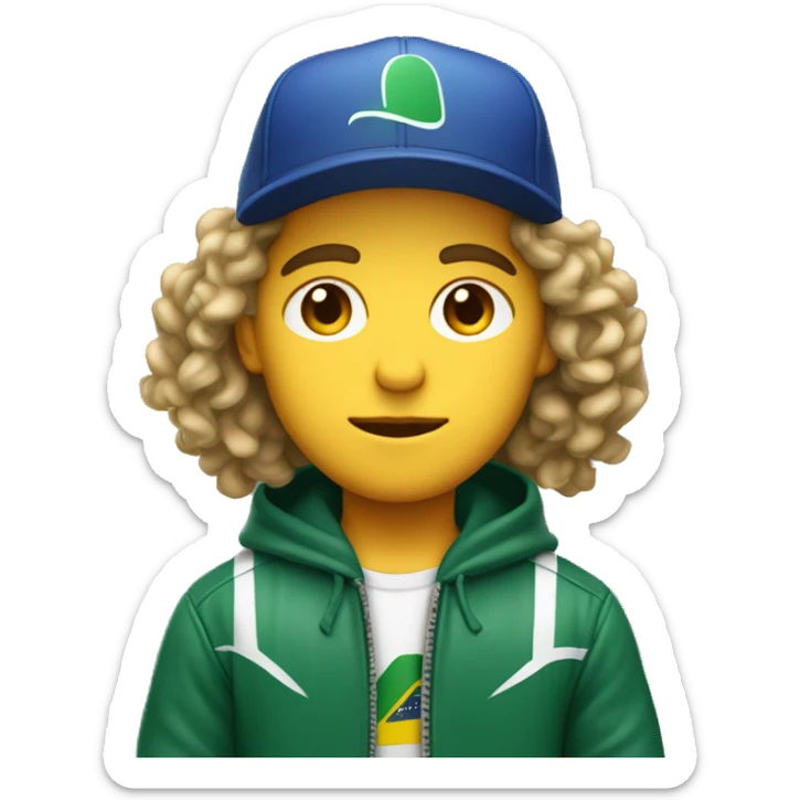 young white guy with small wavy hair with brazilian race jacket and hat serious sticker