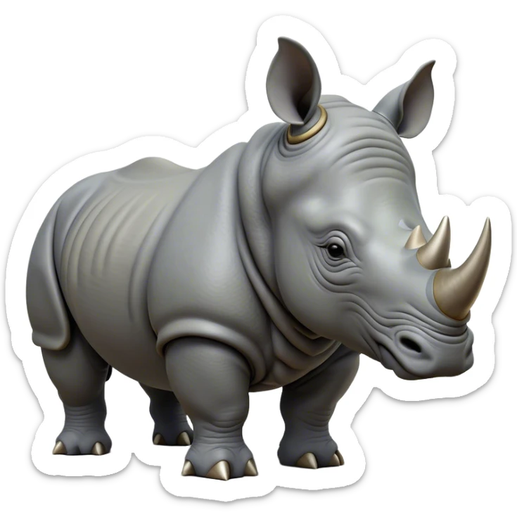 Cinematic Noble Rhinoceros Portrait Emoji, Poised and regal, with a massive, powerful build and a thick, armored hide of slate gray, deep-set soulful piercing eyes, Simplified yet sharp and sophisticated features, highly detailed, glowing with a soft, dignified glow, high shine, intelligent and formidable, stylized with an air of ancient might, focused and attentive, soft glowing outline, capturing the essence of a watchful and commanding behemoth, so majestic it feels as though it could charge out of the screen with effortless authority! sticker