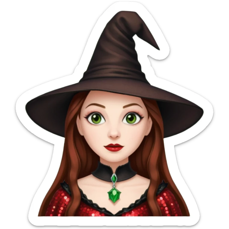 Nessarose, Wicked Witch of the East from The Wizard of Oz with long brown hair, red sequin outfit sticker