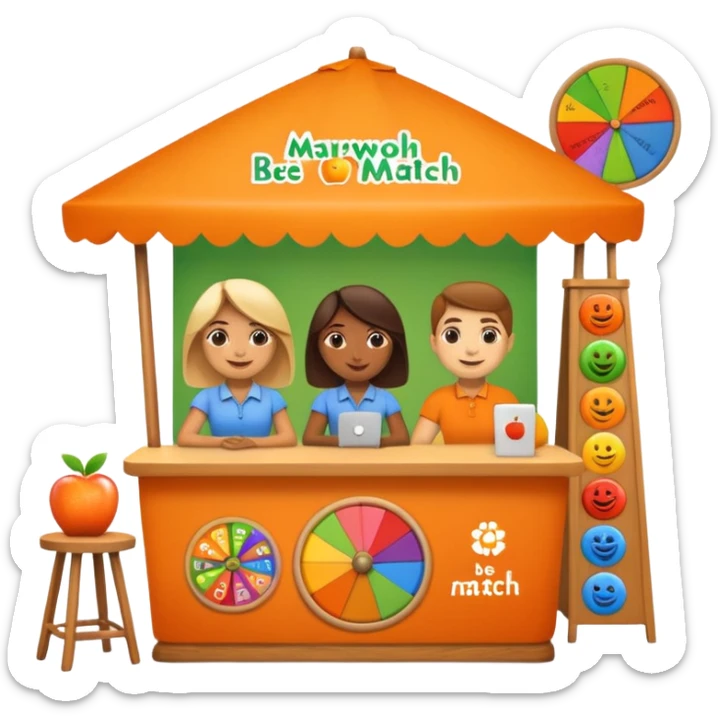 pple-style emoji of a recruitment booth. Two cartoon figures stand behind an orange table with 'MARROW, be a match' branding, a colorful spinning wheel, and a branded vertical banner. Simplified and cute sticker