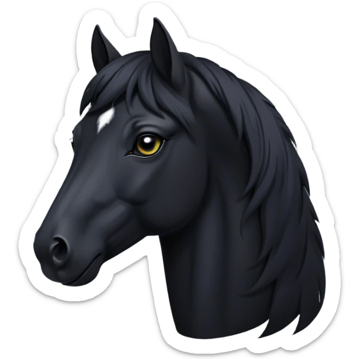 Cinematic Noble Black Horse Portrait Emoji, Poised and regal, with a strong, athletic build and a sleek, well-groomed jet-black fur, deep-set soulful dark eyes, Simplified yet sharp and sophisticated features, highly detailed, glowing with a soft, dignified glow, high shine, intelligent and commanding, stylized with an air of mysterious grace, focused and attentive, soft glowing outline, capturing the essence of a watchful and confident steed, so majestic it feels as though it could gallop out of the screen with effortless authority! sticker