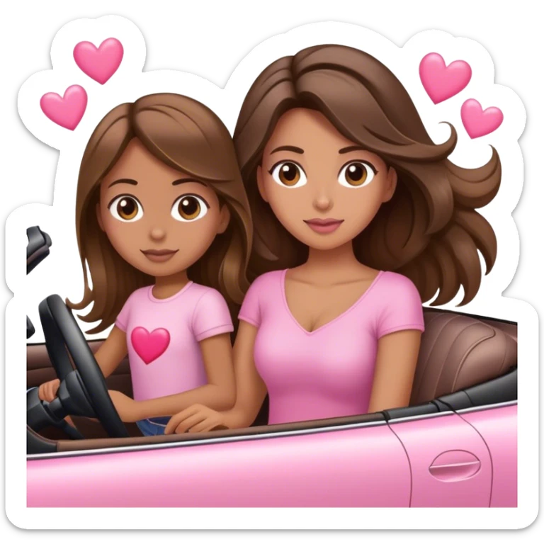 A mom brown long balayage Hair and one daughter Children brown hair,  driving in pink convertible with hearts  sticker