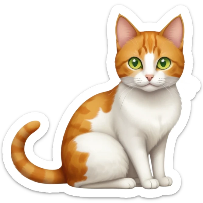 A mix breed cat (domestic shorthair and Arabian mau) sitting, with white fur, three ginger spots on its back, a ginger tail, and yellow-green eyes sticker