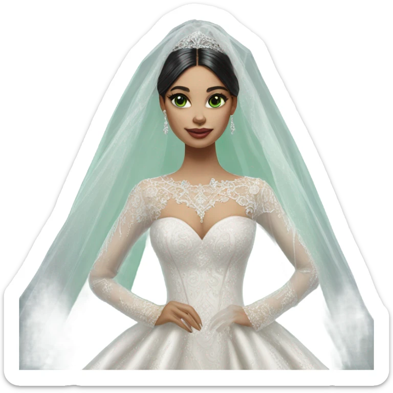 Hyper Realistic ornate ballgown long sleeve Wedding dress with diamanté on Russian bride with pale skin and green eyes and long black hair with veil hyper realistic  sticker