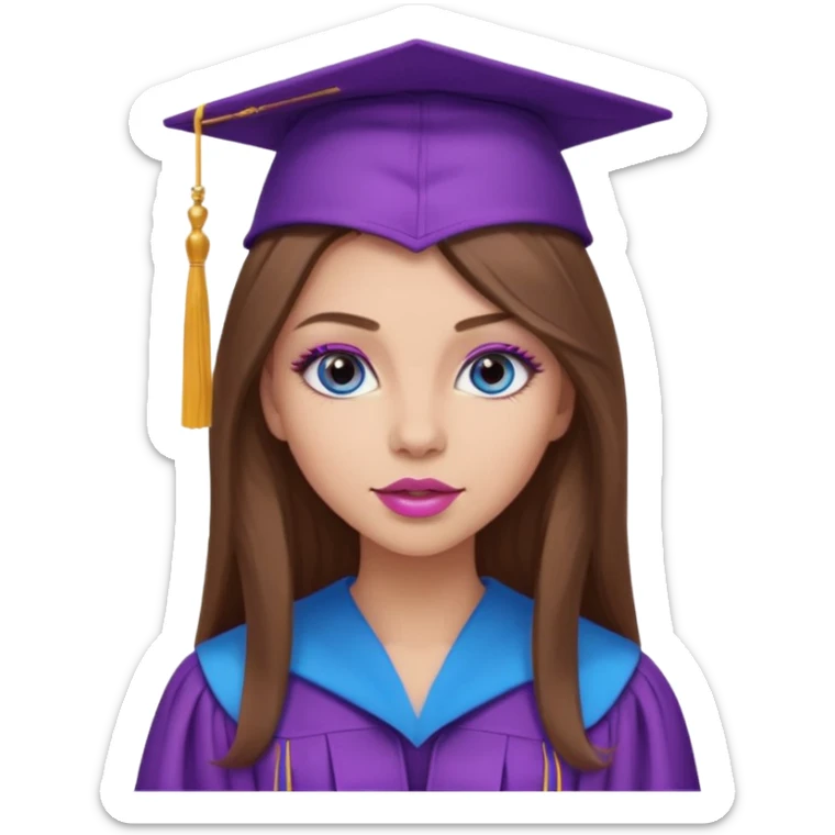 girl with gorgeous long brown hair, blue eyes, long lashes makeup, sexy pink lips, wearing a purple graduation cap and gown sticker
