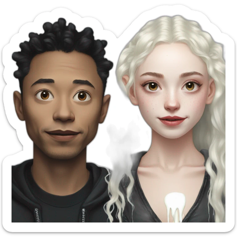 Grimes with drops of milk spray on face, elon musk smirking, duo sticker