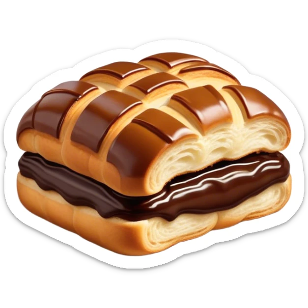 Cinematic warm pain au chocolat, flaky golden-brown pastry with a rich chocolate filling peeking through, perfectly crisp exterior, soft glowing highlights, inviting and indulgent. sticker