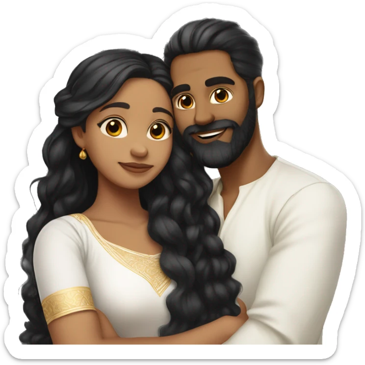 Light skin;Black long hair girl  in a white saree hugging with a man with black beard and hair on top sticker