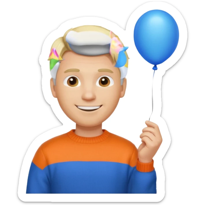 white skin, blonde hair man, orange sweater, hold blue balloon sticker