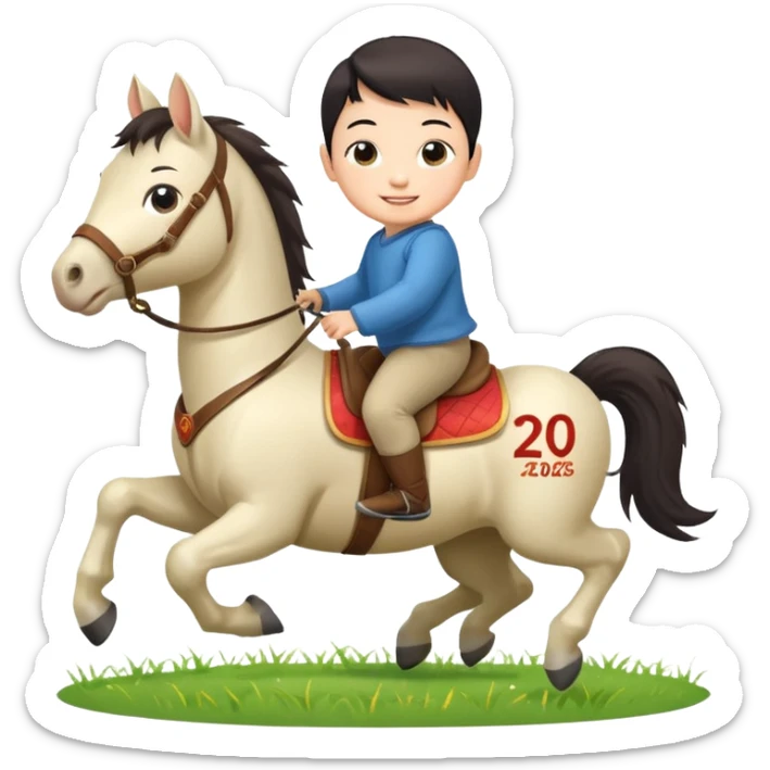 l little chinese baby riding on a  cute horse running on the grass with 2026 year label sticker