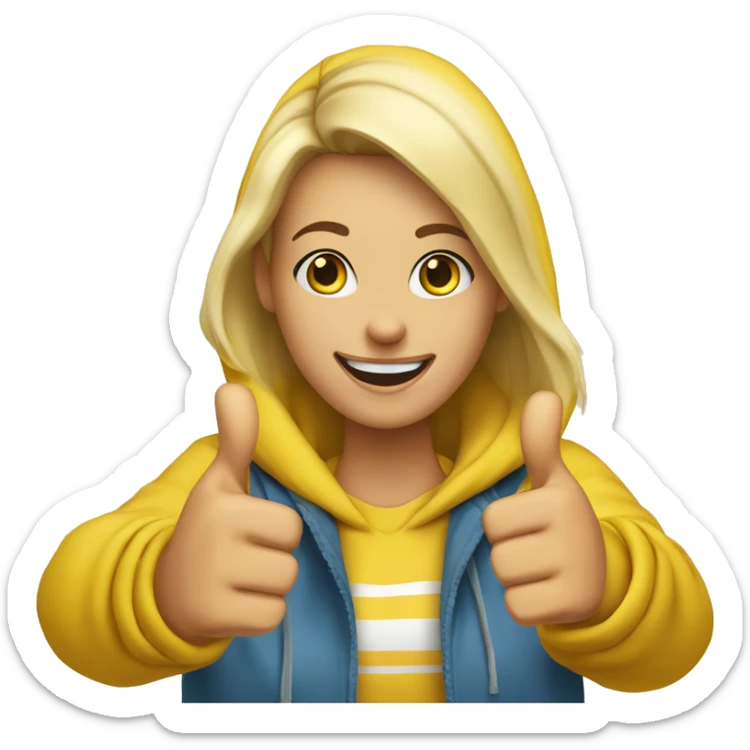 A 30-year-old blonde woman in a yellow hoodie smiles and shows a ‘Thumbs Up’ sign with her hand  sticker