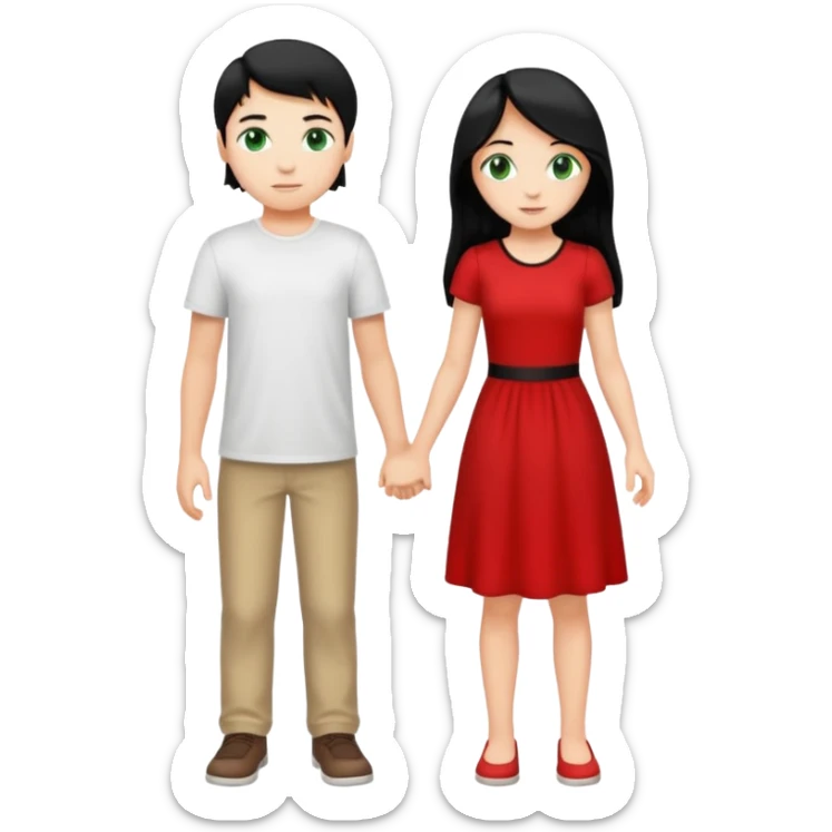 full-length couple, girl with long black hair and green eyes in red dress, boy with blonde hair in white t-shirt sticker