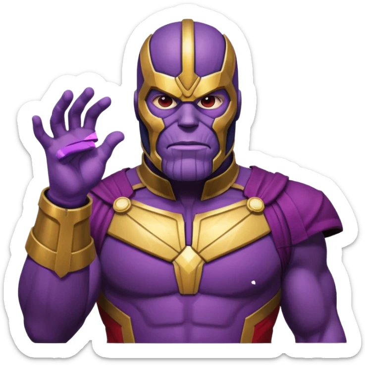 Thanos in Squid Game guard outfit emoji style, purple skin, strong jaw, Infinity Gauntlet, red jumpsuit, black mask with triangle, minimal, bold lines, bright, playful sticker