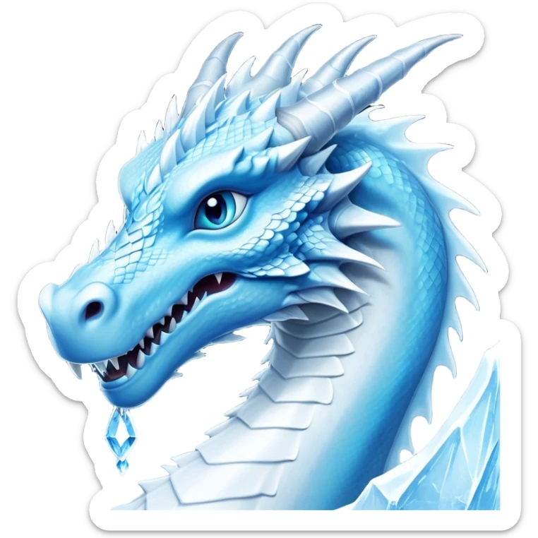 Cinematic Noble elegant Ice Dragon Portrait Emoji, Poised and imposing, distinct long elegant snout, with a slender, scaled body shimmering in glacial hues of icy blue, frostbitten silver, and crystalline white, breathing out frost, with piercing, glowing ice blue white eyes that radiate the chilling depths of an arctic storm; rendered in detail. Breathing out a frost mist sticker