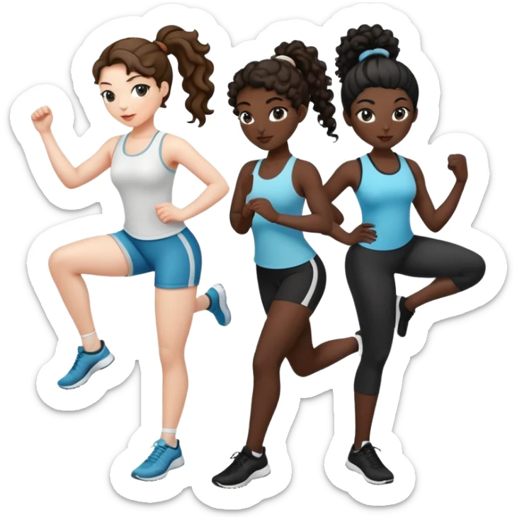 3 women exercising. The woman on the left has pale white skin and curly brown hair in a ponytail. The woman in the middle has black skin and curly black hair. The woman on the right has pale white skin and straight, brown hair in a ponytail. sticker