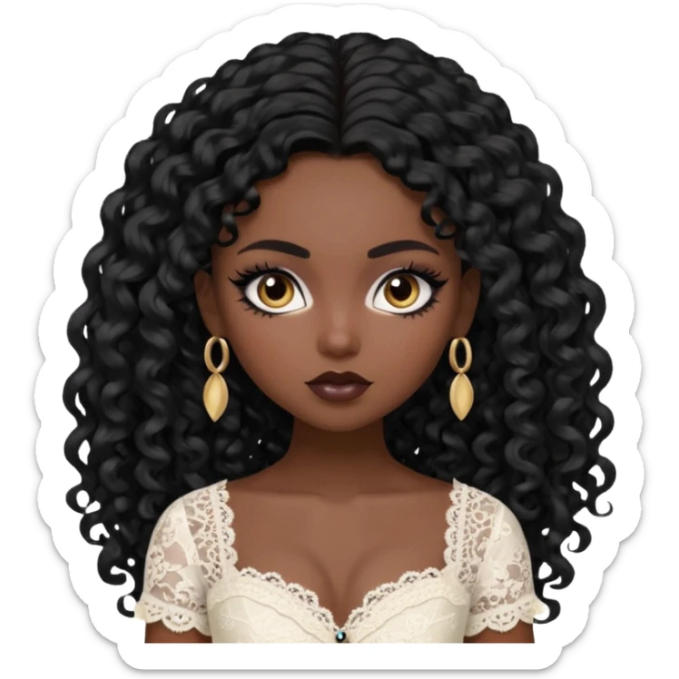 black skin, pretty, BLACK long curly black hair, pale skin, eyeliner, lace clothes, brown eyes bratz baddie sticker