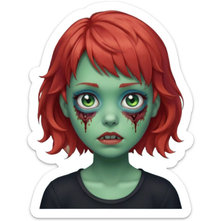 Zombie girl emoji with short red hair and bangs. Blue eyes, green skin, and a black top Her hair is slightly wavy sticker