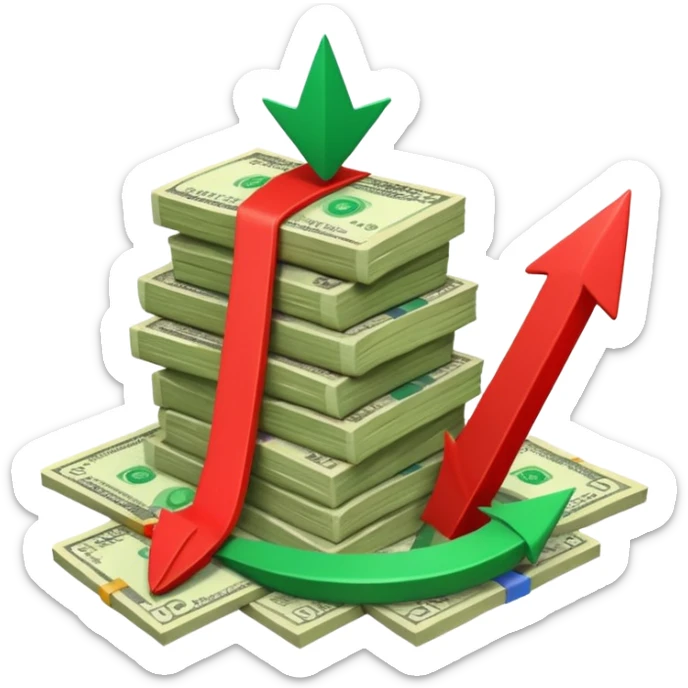 a pile of money infront of strategy paper with red arrow up sticker